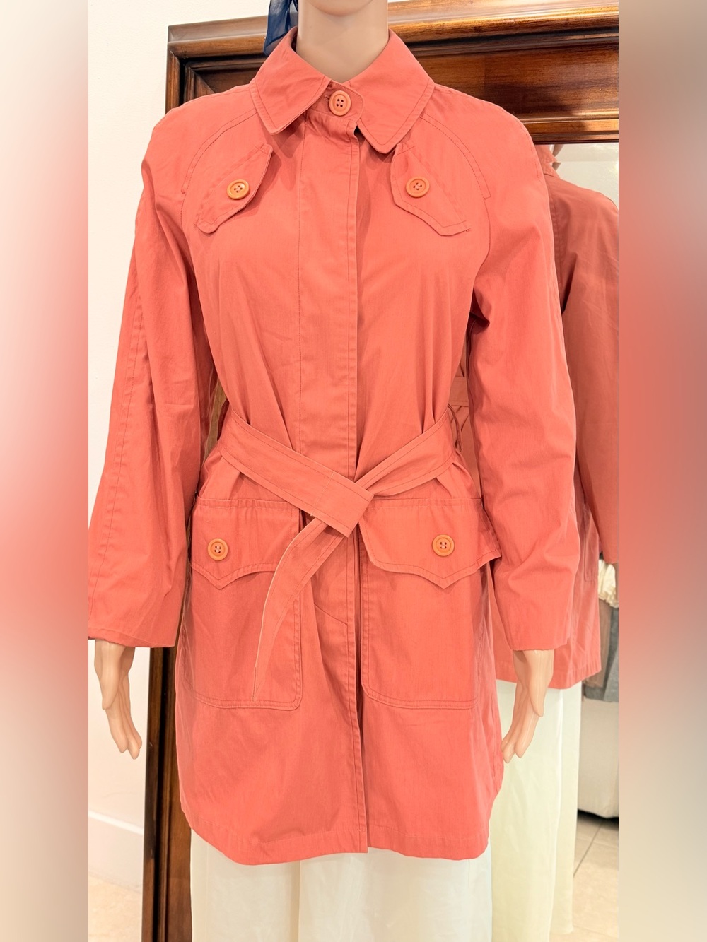 Vintage London Fog Trench Coat Women's Coral Pink Belted Long Raincoat Size 10